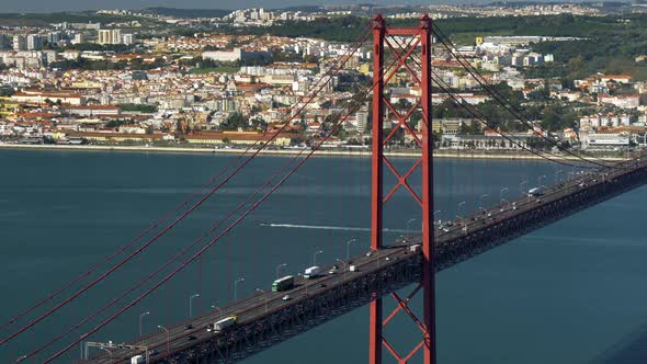 Ponte 25 De Abril (25Th of April Bridge) Over Tagus River in Lisbon, Portugal. Panoramic Shot. , FHD