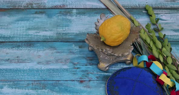 Jewish Holiday Decorations Traditionally Associated with the Celebration of Sukkot Etrog Lulav Hadas