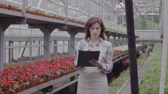 Serious Woman Looking at Flowers in Pots and Taking Notes. Confident Caucasian Employee Checking