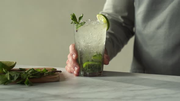 Bartender Preparing and Mixing Cocktails at Bar Counter