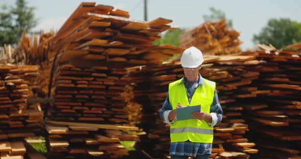 Male Worker Examining Plank's Stack