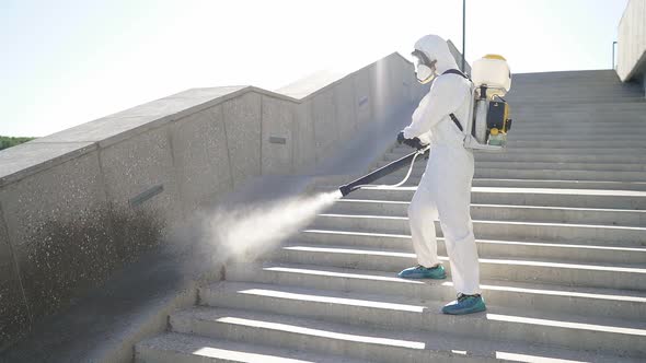 Disinfector in Protective Clothing, Suit Fight with Pandemic Health Risk, Remove Bacterias