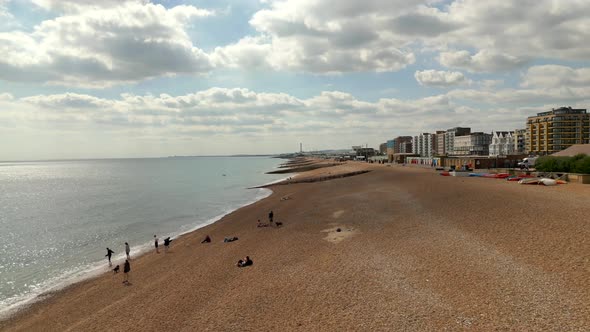 Low Aerial Drone Footage Brighton Beach Summertime Vibes Uk