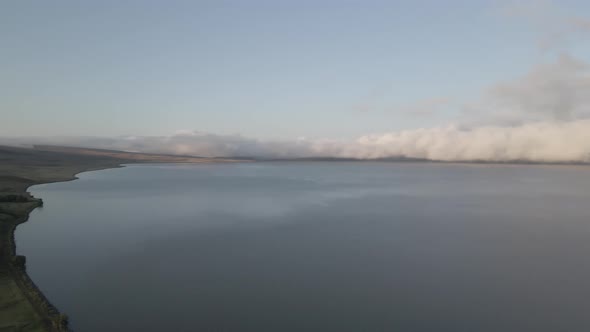 Aerial view of Lake Paravani and the village Poka. Georgia