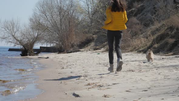 Sportive Lady with Loose Hair Runs Following Shih Tzu Dog