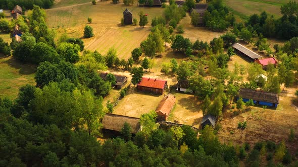 Maurzyce wooden architecture heritage park, antique building in open air museum. Aerial Lowicz, Poln