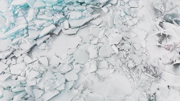 Aerial View Ice Hummock and Cracks at Frozen Lake