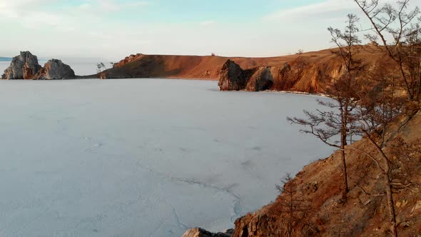 Aerial View of Northern Nature in Winter Large Frozen Lake an Island Arctic Landscape