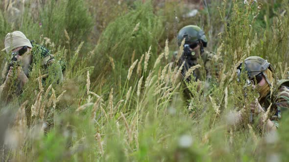 Armed Soldiers Waiting for Enemy in Grass alt