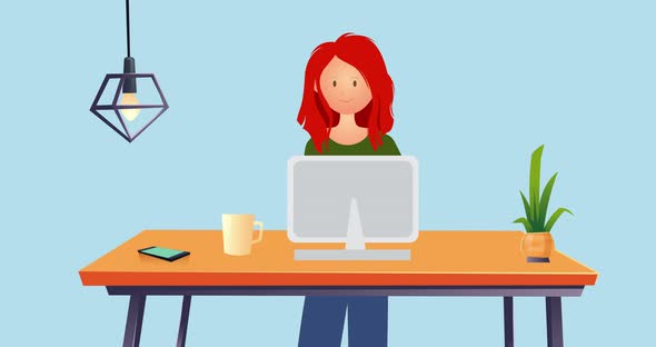 Woman using laptop on blue background alt