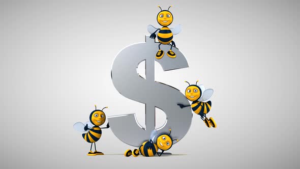Business Bees, next to a dollar, a euro, a piggy bank and a house
