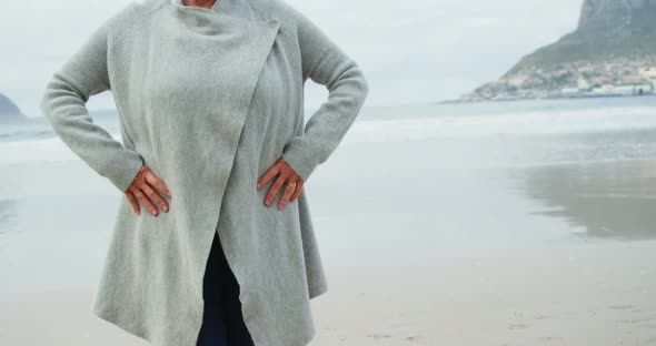 Portrait of senior woman standing on beach