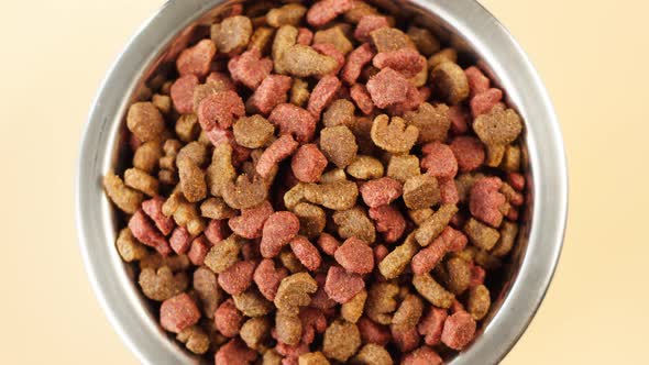 Dried Dog Food in Metal Bowl Top View Rotating