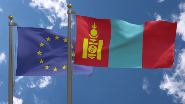 European Union Flag Vs Mongolia Flag On Flagpole