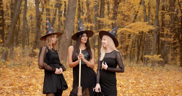 Girls in Witch Costumes Doing Magic in the Autumn Park