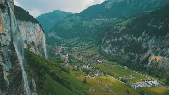 Lauterbrunnen Village and Waterfalls  Aerial