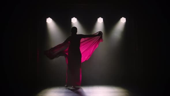 Silhouette a Young Girl Dancer in a Red Sari, Indian Folk Dance, Shot in a Dark Studio with Smoke