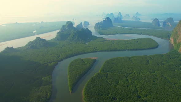 An aerial view over the river bends and mangrove forests