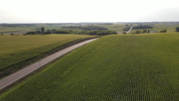 lonely freeway roads in south minnesota next to farms and corn fields during summer time aerial view