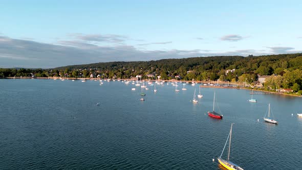 Aerial view flying drone of town Herrsching at Ammersee lake, popular excursion and recreation place