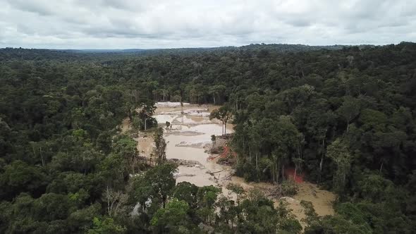 Illegal Gold Mining in Rainforest in Brazil, Aerial Drone View