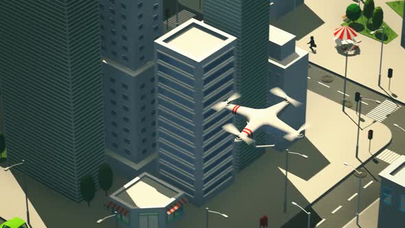 Aerial view of the drone flying over the cityscape. Low poly 3d animation.