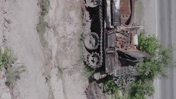 Vertical Video of Ukraine in the War  Burnt Out Tank