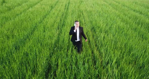 A Young Agronomist Inspects a Green Field of Wheat