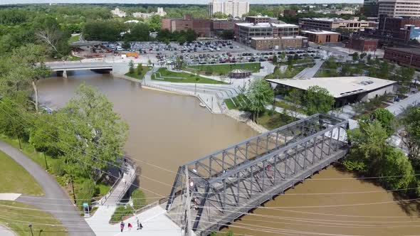 Aerial of Wells Street Bridge and Promenade Park in Downtown Fort Wayne Indiana