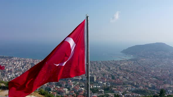 Turkish Flag in the Park of Alanya Aerial Shoot