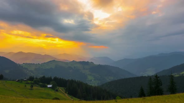 The Mountain Forest on Background of Sunset