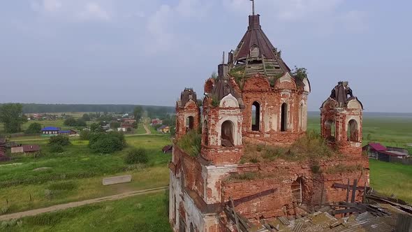 Aerial view of Old ruined abandoned church in a village 07