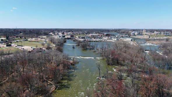 Aerial view over Fox River and Kaukauna small town in Wisconsin