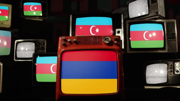 Flag of Armenia and Many Flags of Azerbaijan on a Stack of Retro TVs. 