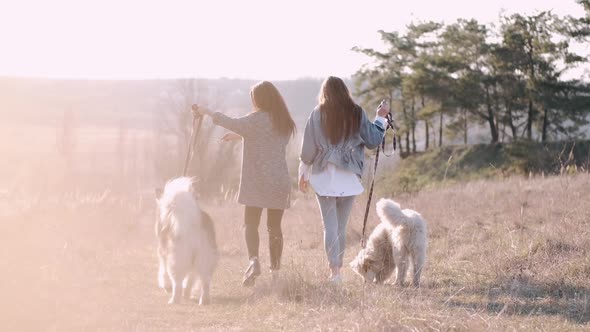 Two Young Pretty Women Are Walking with Fluffy Cute Dog in the Field