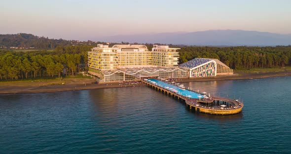 Shekvetili. Georgia - 08.08.2020: Aerial Hyperlapse of Modern hotel Paragraph