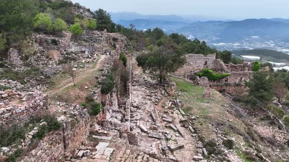 Old ruined city Syedra Turkey Alanya 4K Aerıal Vıew