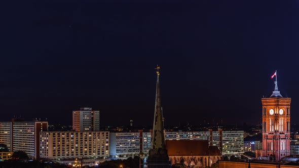 Night Aerial View Time Lapse Of Berlin Cityscape With Neowise C/2020 F, Berlin, Germany