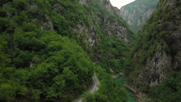 Aerial view of mountain Tara river and countryside road in Montenegro