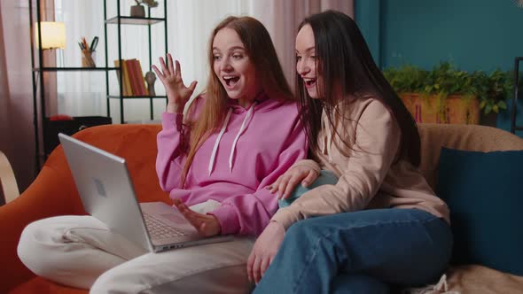 Girls Friends Siblings Celebrate Success Win Scream Rejoices Doing Online Shopping on Laptop Pc