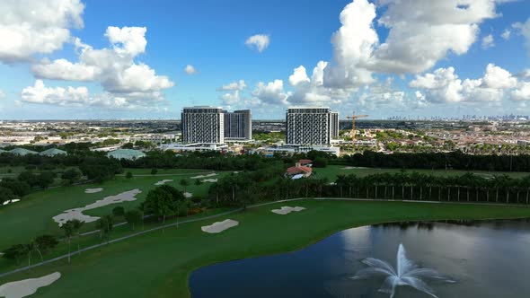 Aerial Approach Downtown Doral From Golf Course Landscape