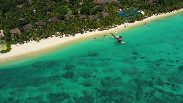 Flying on the Coast Line of the Ocean on the Drone. Amazing Trou aux Biches, Mauritius