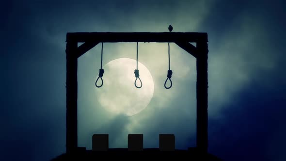 A Gallows Ready For An Execution With A Black Raven And A Full Moon