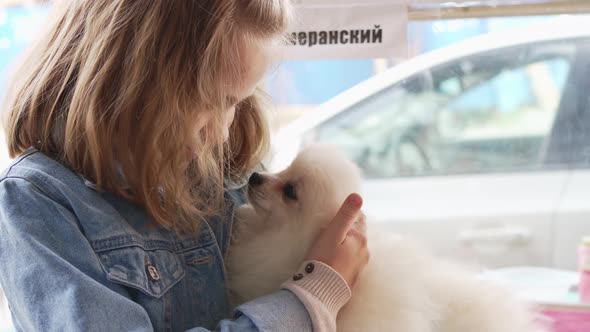 a Small and Happy Girl with a White and Fluffy Spitz Puppy