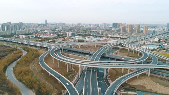 Top View to the Cars Driving on Multilevel Highway on the Sunset