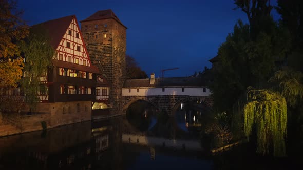 Nuremberg City Houses and Maxbrucke (Max Bridge) on Riverside of Pegnitz River. Nuremberg, Franconia