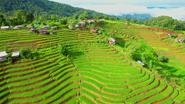 Aerial view of drones flying over rice terraces