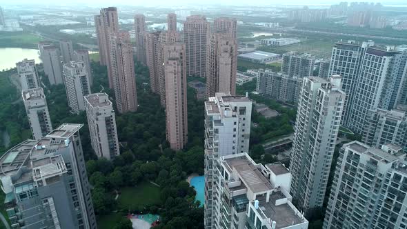 Aerial Drone Shot Over Residential Apartment Buildings on Sunset