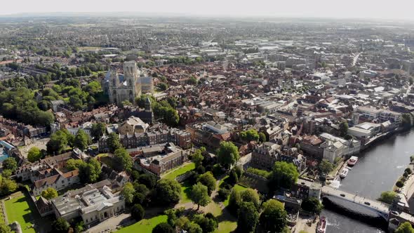 Aerial footage of the town of York located in North East England in the UK