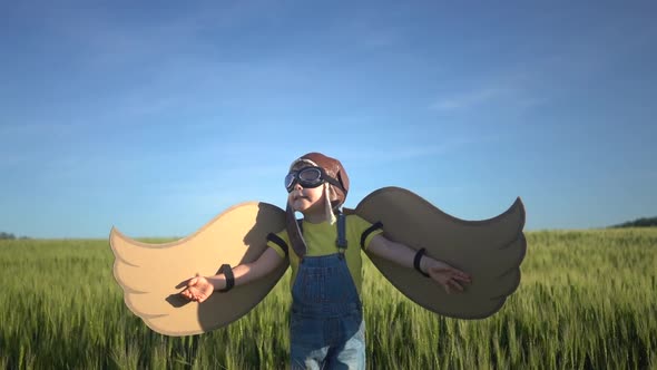 Happy child playing in green field. Funny kid with toy paper wings in spring alt